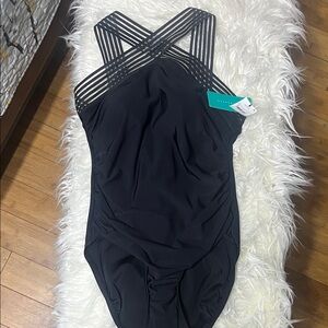 Aqua Green Black Strappy One-Piece Swimsuit